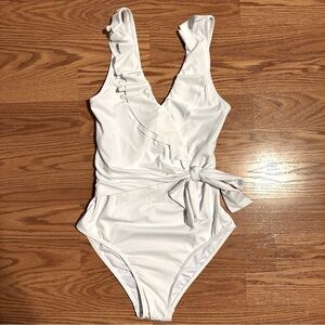 NWT White Ruffled V Neck One-Piece Swimsuit Size S